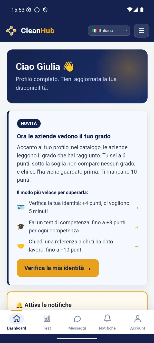 Dashboard operatore nell'app CleanHub