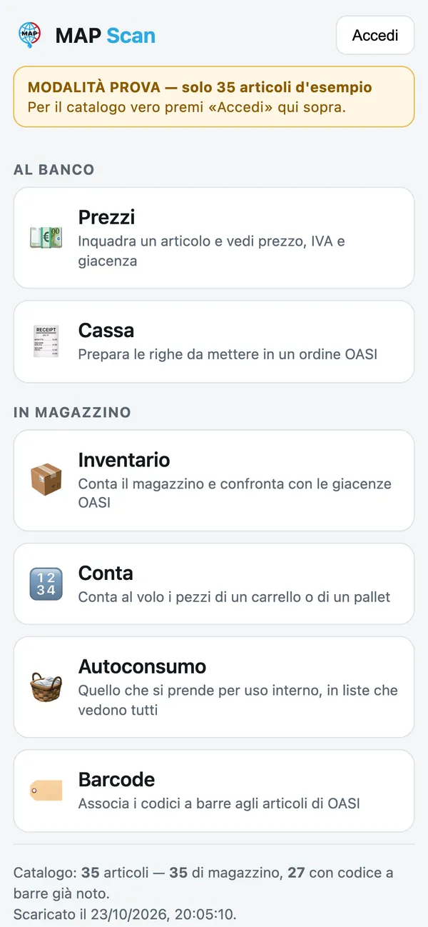 Menu principale di MAP Scan